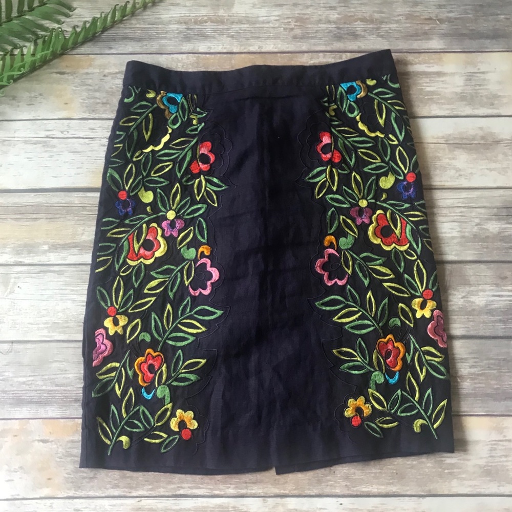 Anthropologie Black Pencil Skirt with Colorful Floral Embroidery